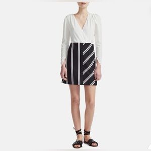 Maje White and Black Long Sleeve V-Neck Dress